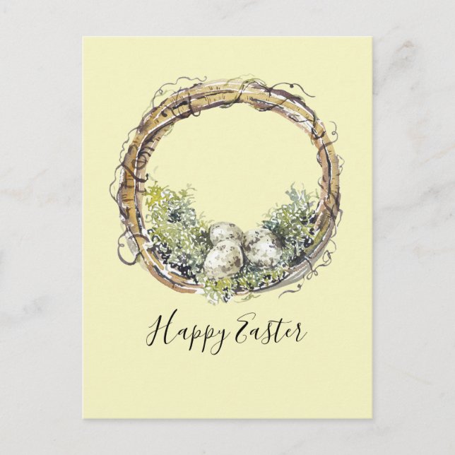 Watercolor Rustic Grapevine & Egg Nest Påsk Vykort (Framsida)