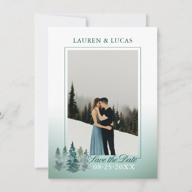 Watercolor Rustic Gräs Spruce Träd PHOTO Bröllop Spara Datumet (Framsida)