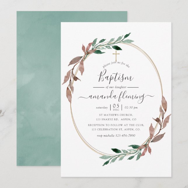 Watercolor Rustic Greenery Winter Baptism Inbjudningar (Fram/baksida)