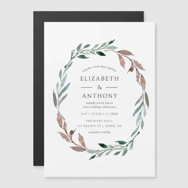 Watercolor Rustic Greenery Winter Wedding Magnetisk Inbjudningskort (Fram/baksida)