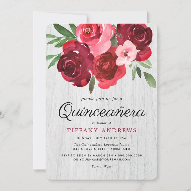 Watercolor Rustic Röd ros Quinceanera Inbjudan (Framsida)