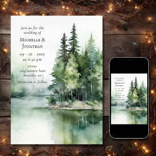 Watercolor Rustic Sjö Woodland Bröllop Inbjudningar