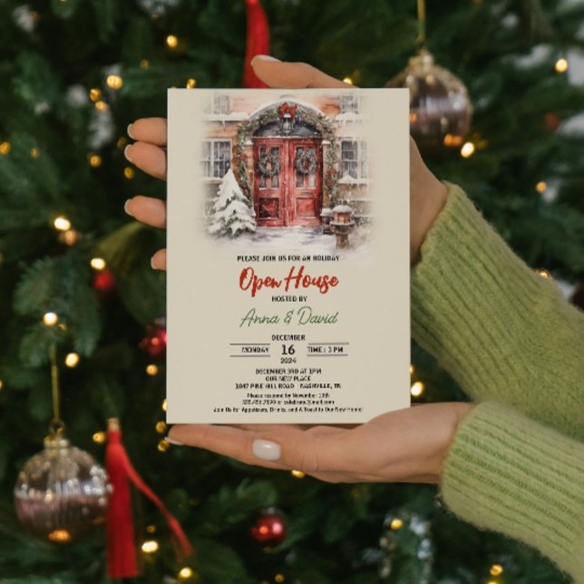 Watercolor Rustic Snö Jul Open House Inbjudningar (Watercolor Rustic Snow Christmas Open House Invitation, Businesses & Realtors  office parties festiv)