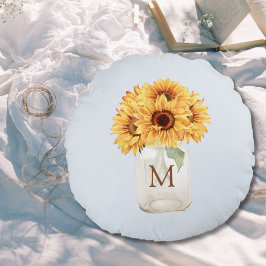 Watercolor Rustic Solros Bouquet i Mason Burk Rund Kudde