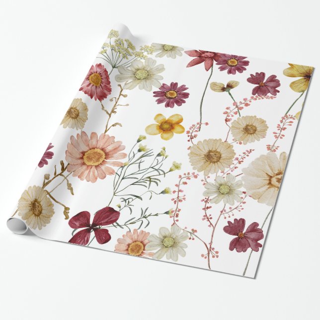 Watercolor Rustic Wildbloms Wrapping Papper Presentpapper (Utrullad)