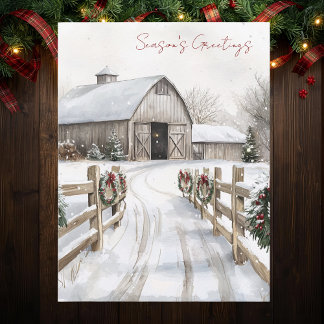 Watercolor Rustic Winter Barn Season's Greetings Helg Vykort