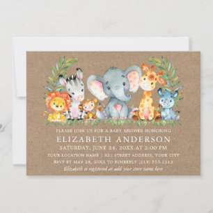 Watercolor Safari Animals Baby Shower Kraft Inbjudningar