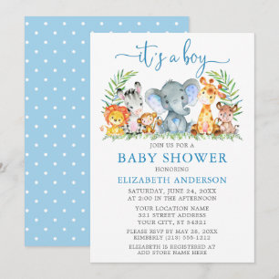 Watercolor Safari Animals Blue Script Boy Shower Inbjudningar