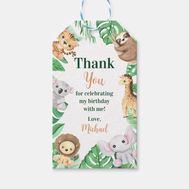 Watercolor Safari Animals Boy Birthday Presentetikett (Framsidan)