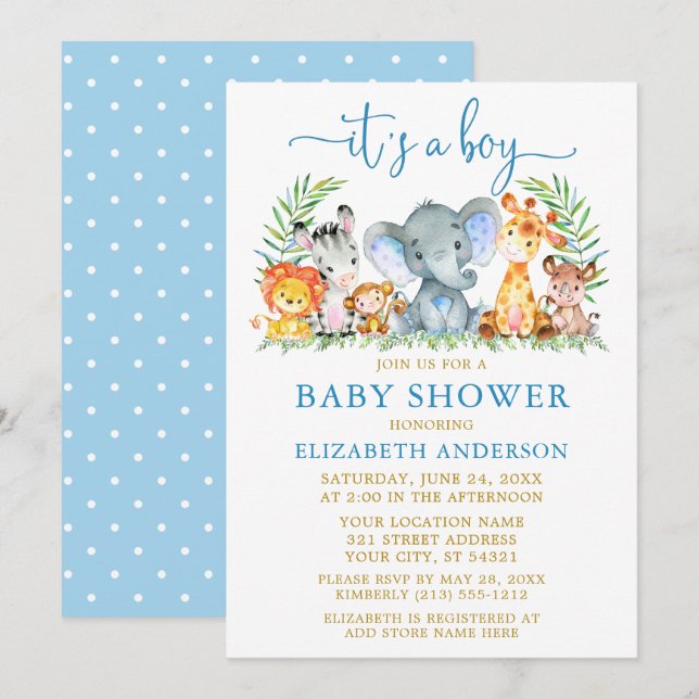 Watercolor Safari Animals Boy Blue Guld Shower Inbjudningar (Fram/baksida)