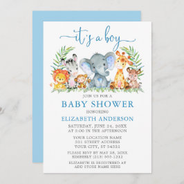 Watercolor Safari Animals Boy Blue Script Shower Inbjudningar
