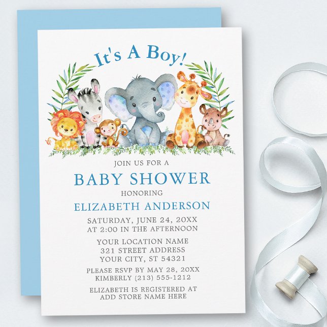Watercolor Safari Animals Boy Blue Shower Inbjudningar (Customize to change text color, size or text style.)