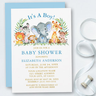 Watercolor Safari Animals Boy Shower Guld Inbjudningar