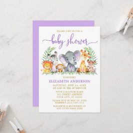 Watercolor Safari Animals Lila Shower Guld Inbjudningar