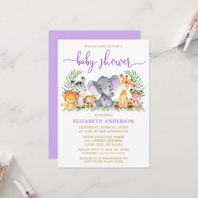 Watercolor Safari Animals Lila Shower Guld Inbjudningar (Fram/Back In Situ)