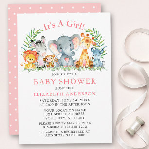Watercolor Safari Animals Rosa Dots Baby Shower Inbjudningar