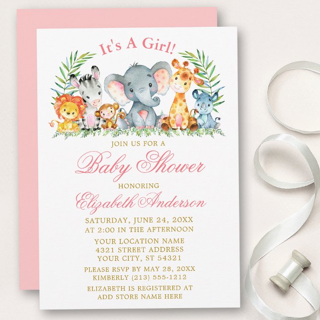 Watercolor Safari Animals Rosa Script Baby Shower Inbjudningar (Customize to change text color, size, style or to change color of back of card.)
