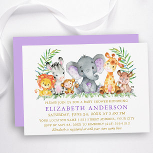 Watercolor Safari Animals Violet Guld Baby Shower Inbjudningar