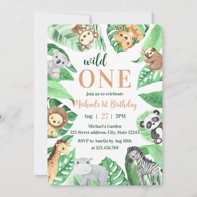 Watercolor Safari Animals Wild One 1st Birthday Inbjudningar (Framsida)