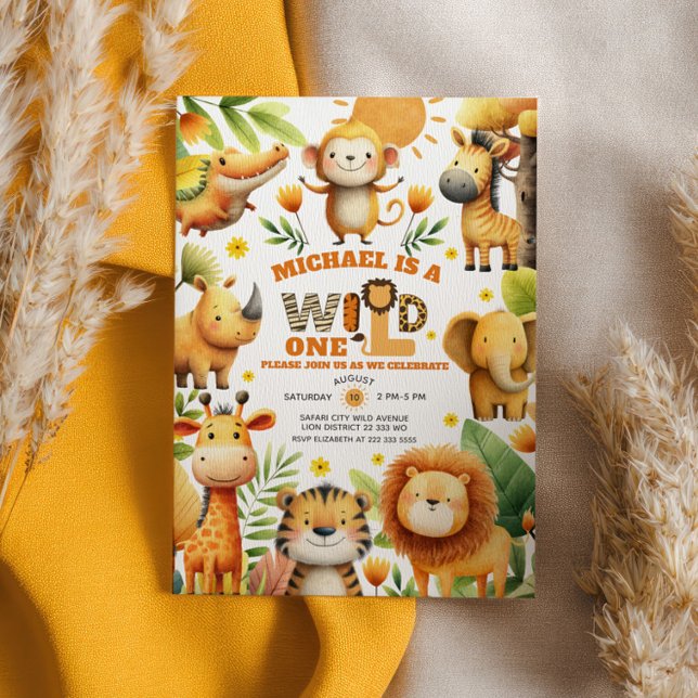 Watercolor Safari Animals WILD ONE 1st Birthday Inbjudningar (Skapare uppladdad)
