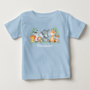Watercolor Safari Baby djur Blue T Shirt