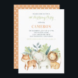 Watercolor Safari Friends Barns födelsedag Party Inbjudningar<br><div class="desc">Watercolor Safari Friends Barns födelsedag Party bjudande in. Anpassade födelsedagsfest inbjudan med vattenfärgsillustrationer av en elefant från baby,  en lejon baby och en tiger från baby med gröna accenter. Den här inbjudan är fullt anpassade för alla händelser. Matchande objekt är tillgängliga.</div>
