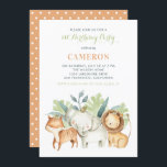 Watercolor Safari Friends Barns födelsedag Party Inbjudningar<br><div class="desc">Watercolor Safari Friends Barns födelsedag Party bjudande in. Anpassade födelsedagsfest inbjudan med vattenfärgsillustrationer av en elefant från baby,  en lejon baby och en tiger från baby med gröna accenter. Den här inbjudan är fullt anpassade för alla händelser. Matchande objekt är tillgängliga.</div>