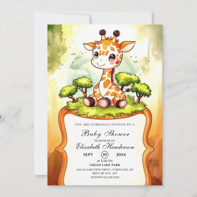 Watercolor Safari Giraffe Baby Shower Inbjudningar (Framsida)