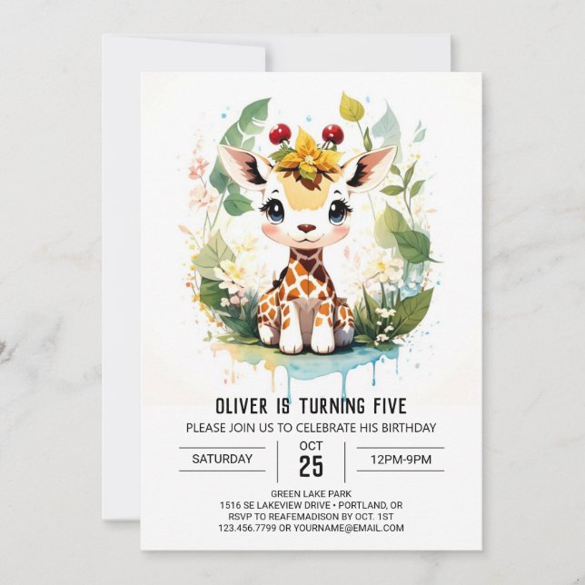 Watercolor Safari Journey Giraffe Birthday Inbjudningar (Framsida)