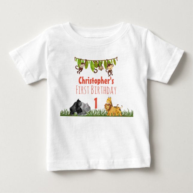 Watercolor Safari Jungle Animals Första födelsedag Tee (Framsida)