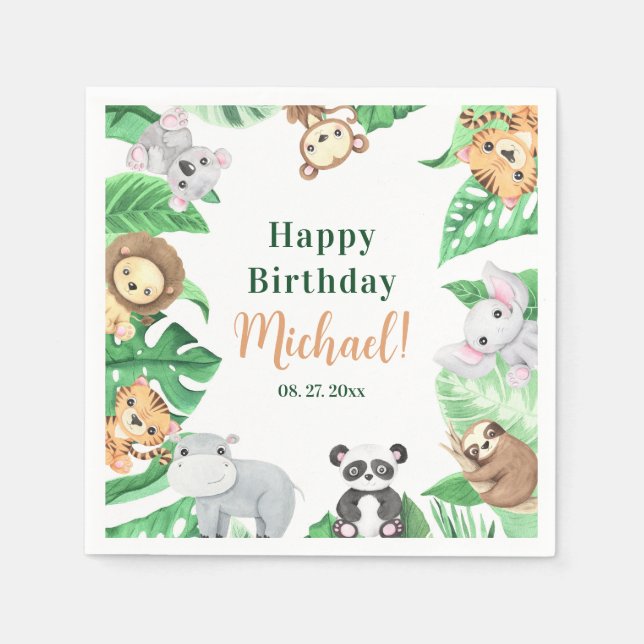 Watercolor Safari Jungle Animals Happy Birthday Pappersservett (Framsidan)