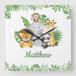 Watercolor Safari Jungle Tropical Animals Greenery Fyrkantig Klocka