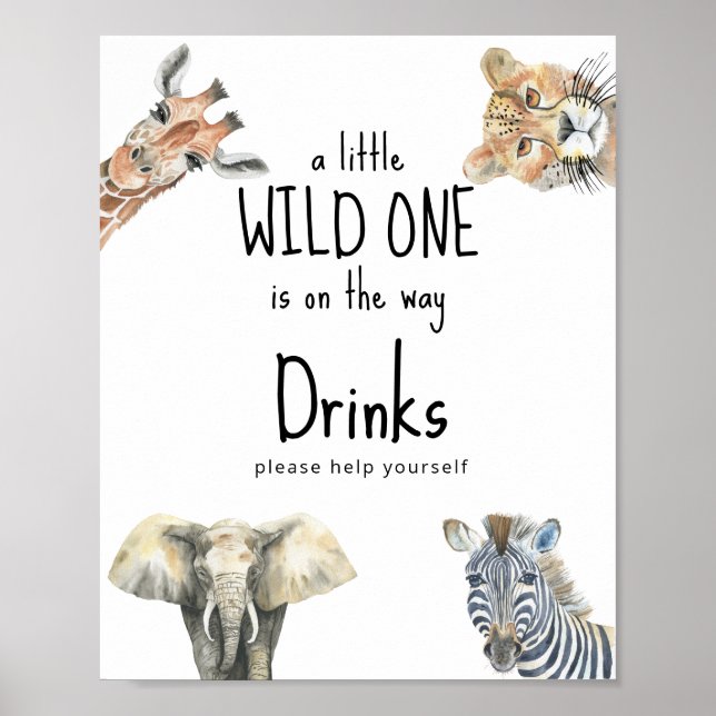 Watercolor safari vilda djur - Drinks Poster (Framsidan)