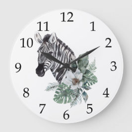Watercolor Safari Zebra Tropical Flowers Stor Klocka