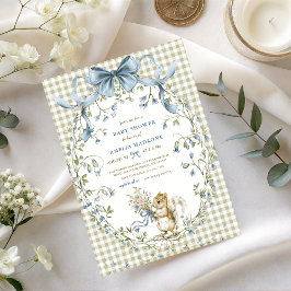 Watercolor Sage Gingham Squirrel Baby Shower Inbjudningar