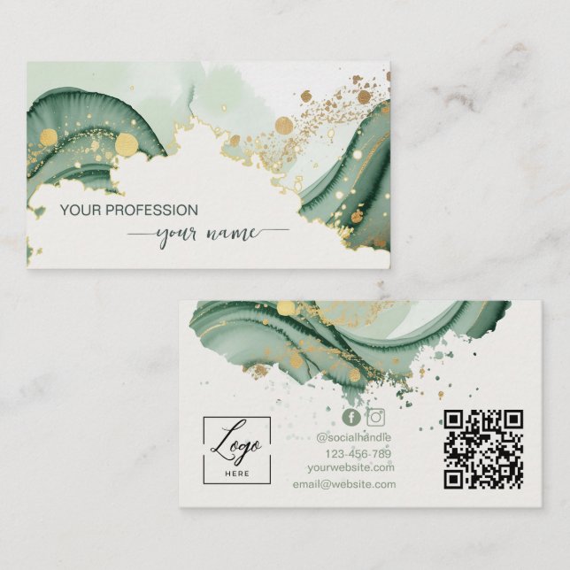 Watercolor Sage green Qr Code  Visitkort (Fram/baksida)