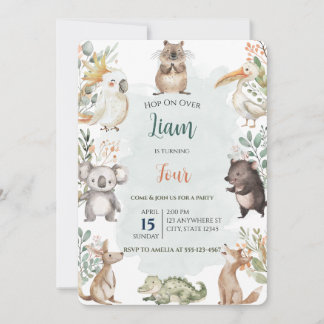 Watercolor Sage Grönt Australian Animals Birthday Inbjudningar