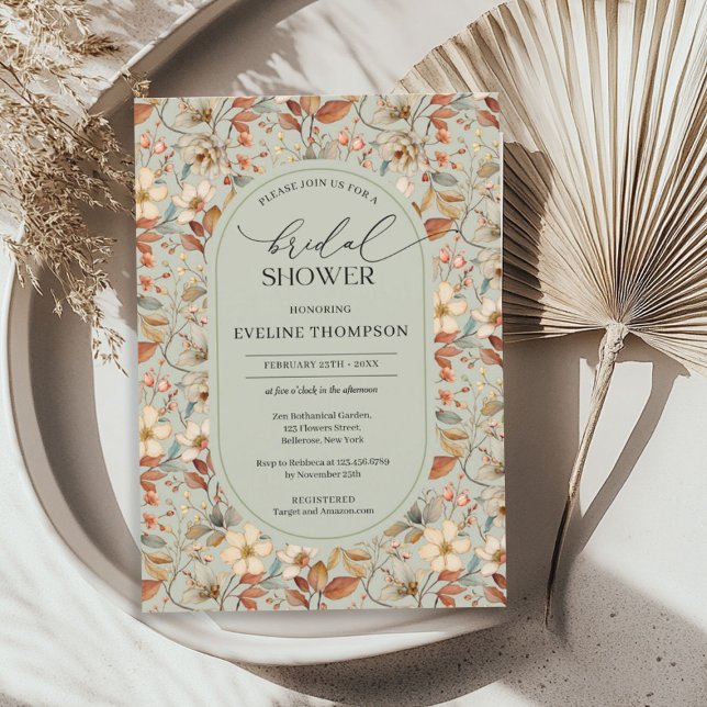 Watercolor sage grönt ivory wildblommor arch inbjudningar (Watercolor sage green ivory wildflowers arch invitation)