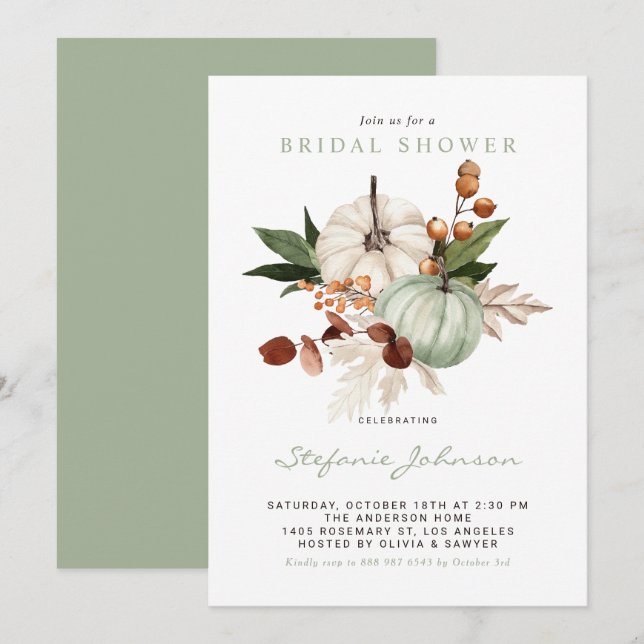 Watercolor Sage Grönt Pumpkins Fall Möhippa Inbjudningar (Fram/baksida)