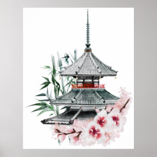 Watercolor Sakura Blommar Bamboo Japansk Temple Poster