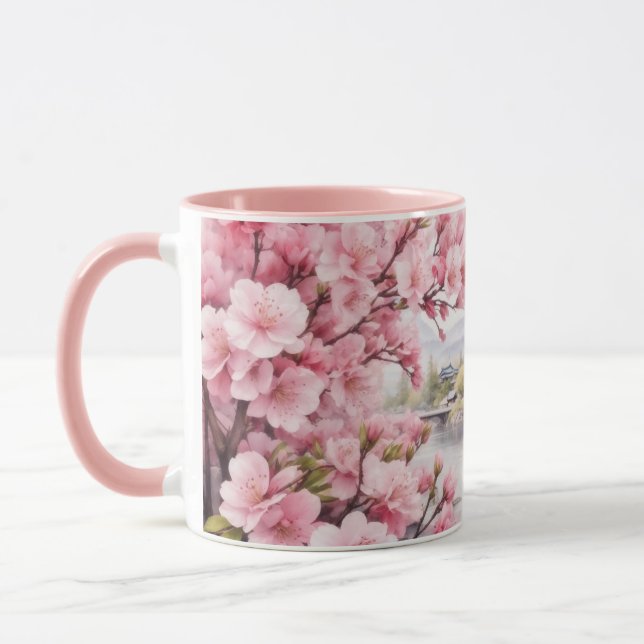 Watercolor Sakura Cherry Blommar and Mountain View Mugg (Vänster)