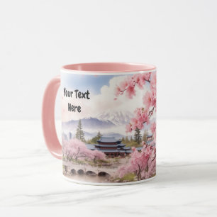 Watercolor Sakura Cherry Blommar and Mountain View Mugg