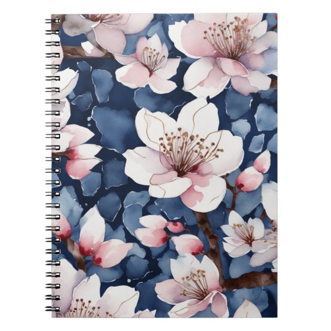 Watercolor Sakura Floral Navy Blue Elegant Spiral  Anteckningsbok (Framsidan)