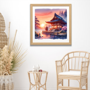 Watercolor Sakura Japanskt Temple i Sunset Poster