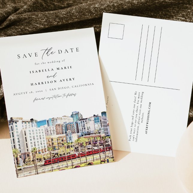 Watercolor San Diego California Skyline Beach Vykort (Skapare uppladdad)