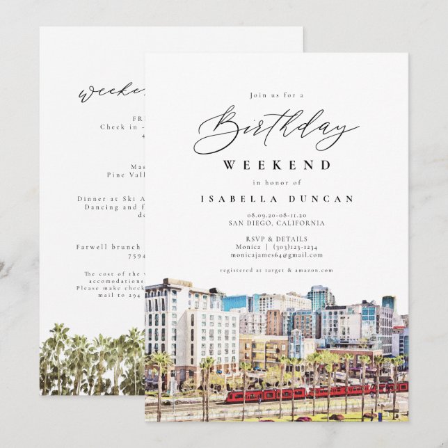 Watercolor San Diego California Skyline Birthday Inbjudningar (Fram/baksida)