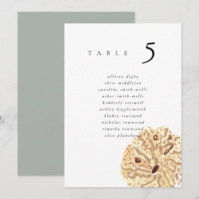 Watercolor Sand Dollar 5x7" Wedding Seat Chart (Fram/baksida)