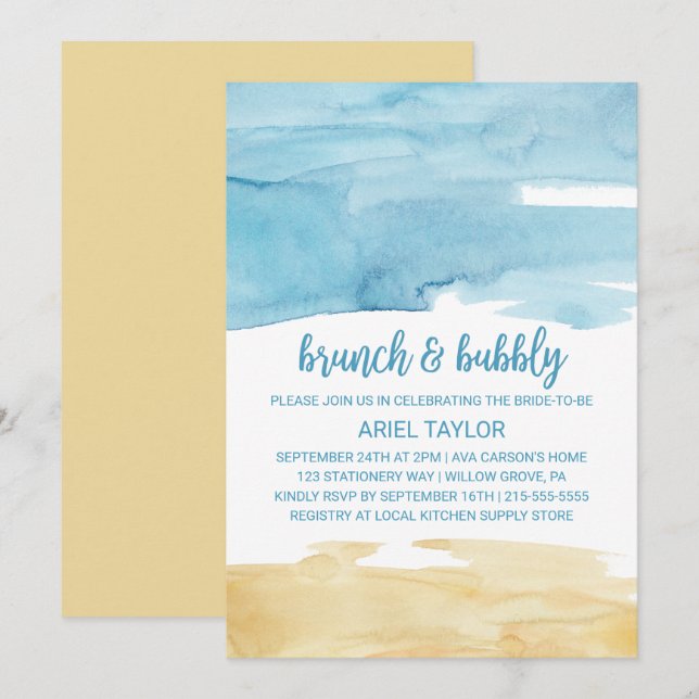 Watercolor Sand och Sea Brunch och Bubly Inbjudningar (Fram/baksida)