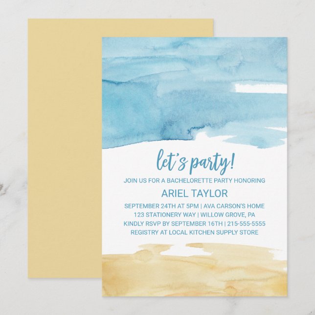Watercolor Sand och Sea Let's Party Inbjudningar (Fram/baksida)