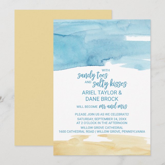 Watercolor Sand och Sea Salty Kisses Bröllop Inbjudningar (Fram/baksida)